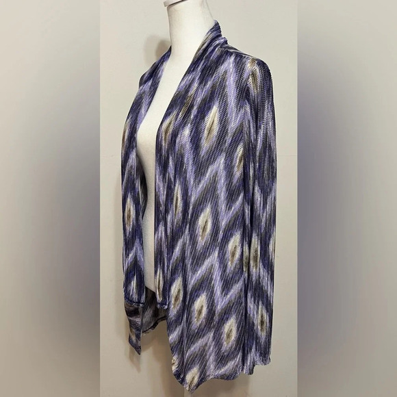 Chicos Open Cardigan Sweater Womens Large Purple Ikat Print Mesh - Picture 4 of 14